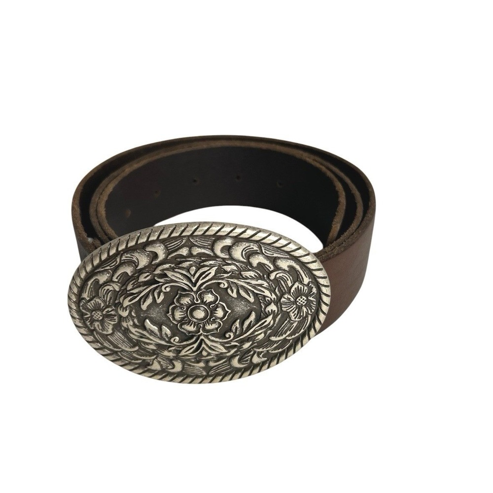 Floral Filigree Oval Buckle Statement Brown Leather Belt L/XL Western Heritage